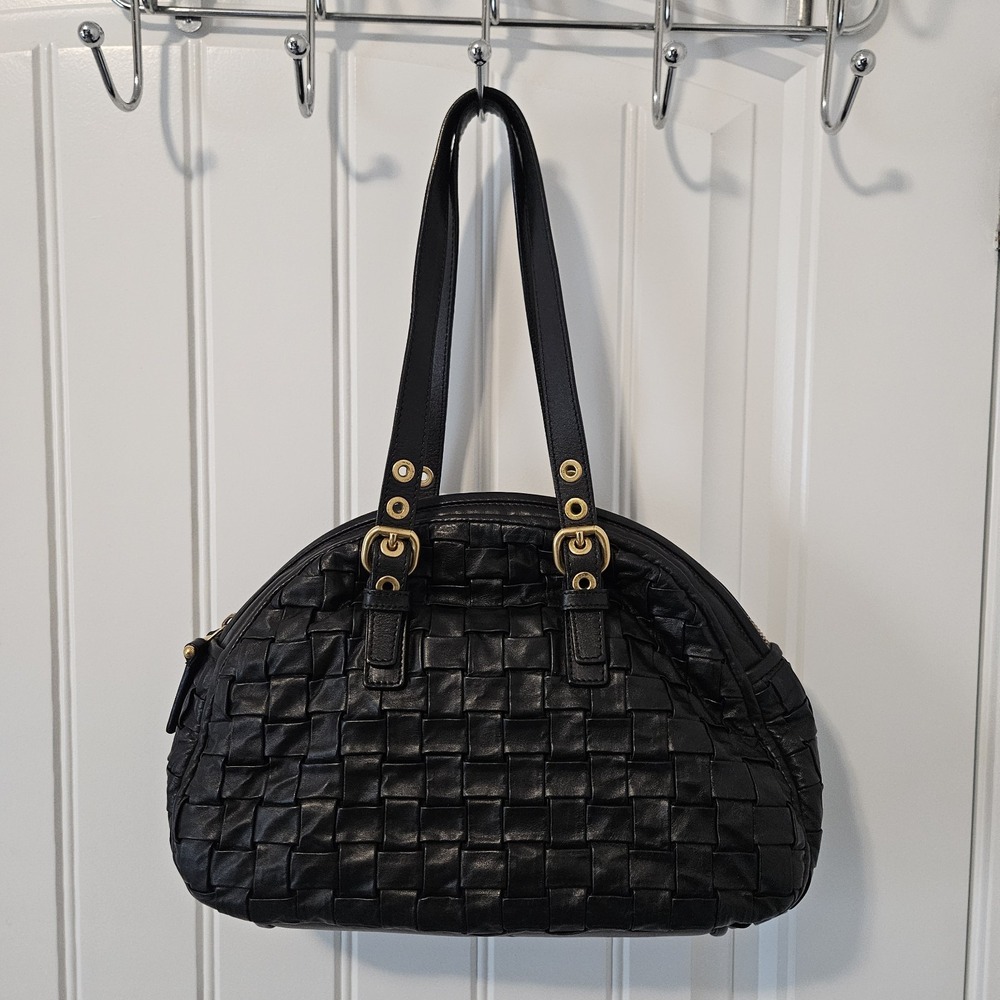 Escada Woven Satchel Shoulder Leather Bag Top Handle Gold Hardware Black - Picture 3 of 12